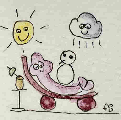 Childlike drawing of a smiling sun and a cloud with rain, a purple creature on a chair, a cocktail on a side table, and a snowman sitting on it.