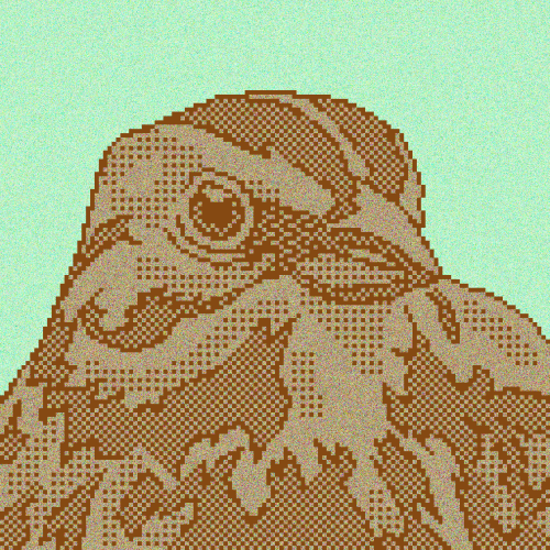 chunky pixel art of the photo above, a sparrow, shaded in brown and tan and on a green background
