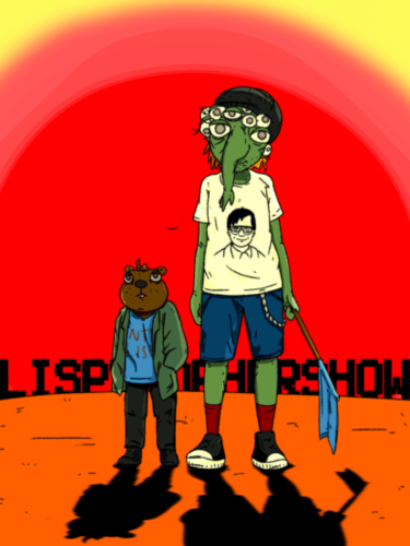 Very punk lisp alien and gopher unix_surrealism style. Lispy is in an Erik Sandewall tshirt (available) and the gopher in their INTERLISP shirt.
LISPYGOPHERSHOW is in black on a red background behind them. Their shadows are cast forward. Art by @prahou@merveilles.town