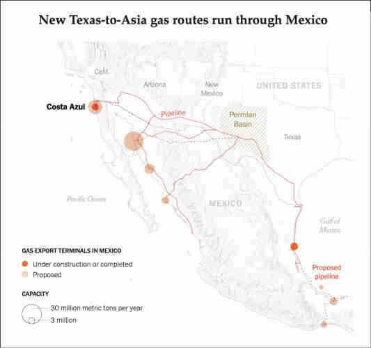 Screenshot of graphic from linked article, showing existing and proposed routes of liquid natural gas pipelines from the southwestern United States into Mexico.