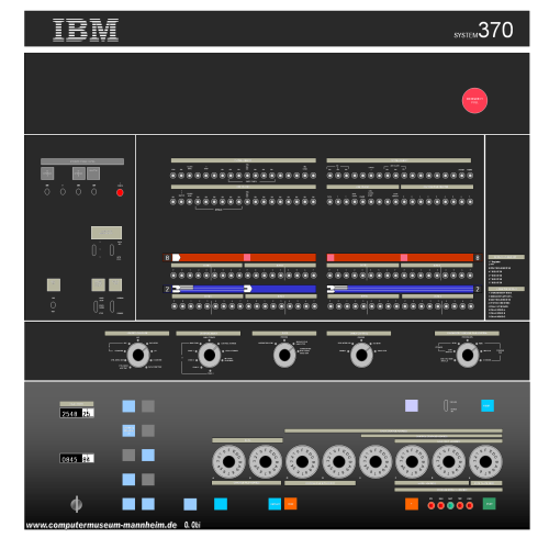 Color photo of a IBM S/370 145 mainframe console, with a round red system Emergency Off pull switch in the upper right corner