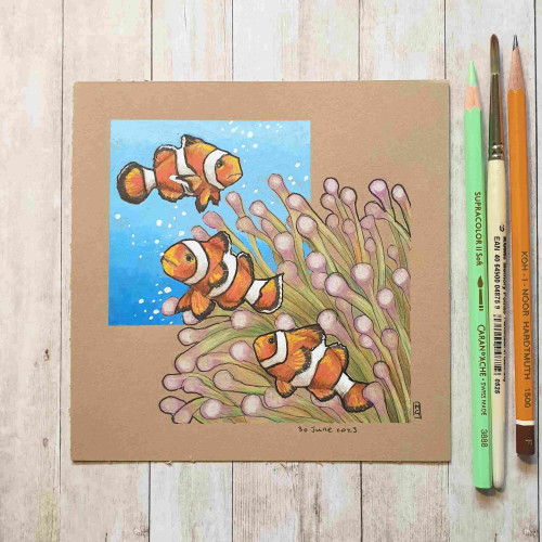Original drawing - Three Clownfish
A colour drawing of three clownfish in a bed of coral.
I used colour pencil and other media on acid free buff coloured paper to create this drawing.
Materials: colour pencil, mixed media, acid free buff colour artist paper
Width: 6 inches
Height: 6 inches