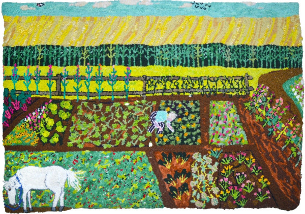 Hook rug scene of a tidy garden in shades of green and yellow, with various orderly plots for different plants, and a figure leaning over in the center and a small white pony in the foreground