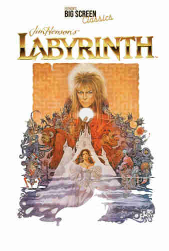 Labyrinth movie poster with david bowie as the goblin king holding a glowing orb