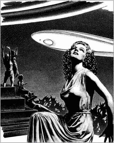 Pen and ink drawing of a woman in cloth dress gazing skyward. In the background, people on a staircase excited about an arriving flying saucer.