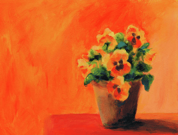 Orange pansies is an acrylic painting in horizontal format painted by artist Karen Kaspar.
A brown flowerpot with orange pansy flowers is standing on a table. The background is abstract and echoes the warm orange color of the flowers. 