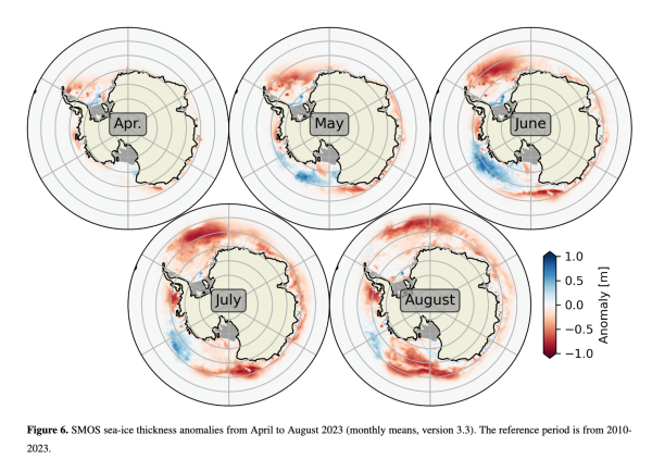 SMOS sea-ice thickness anomalies from April to August 2023 (monthly means, version 3.3). 