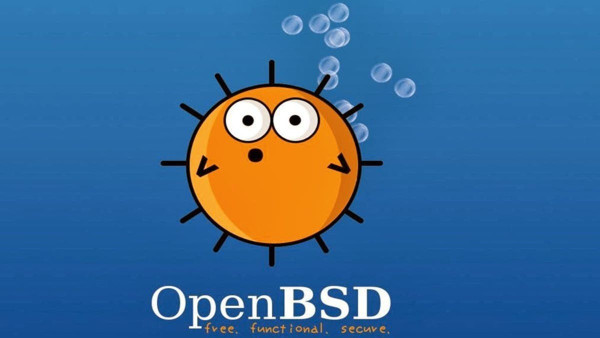 Picture of a cartoon-style blowfish. The background is blue and shows some airbubbles. There is a text on the bottom: OpenBSD. free, functional, secure.