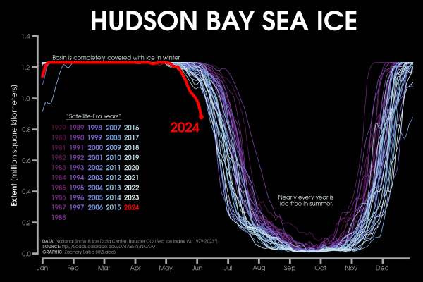 Line graph time series showing daily Arctic sea ice extent in the Hudson Bay for 2024 compared to each year from 1979 to 2023. There is a large seasonal cycle on this graph and a long-term decreasing trend for days during the melt season from June to December.