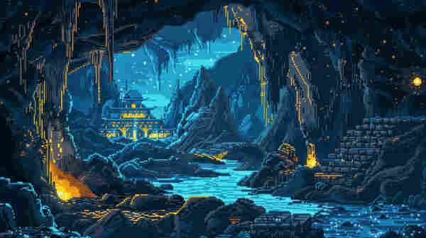 A pixel art image depicting a fantastical cave scene. The cavern is vast, with high ceilings dotted with stalactites. Glowing golden lights illuminate the interior, suggesting the presence of a civilization with buildings structured in a classical architectural style. A river flows gently through the cave, reflecting the light from the buildings and the luminescent dots scattered throughout the scene, creating an ethereal atmosphere. There are also cascades of lava adding a warm orange glow to the cooler blue tones of the environment. The overall effect is both serene and mysterious, blending natural and constructed elements in a harmonious way.