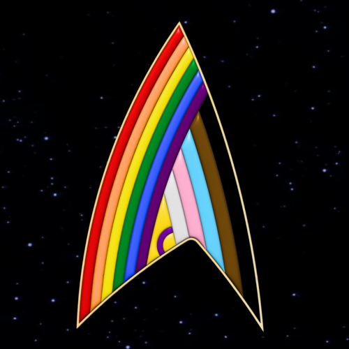 The Starfleet delta symbol in inclusive LGBTQ+ pride colours in front of a starfield.