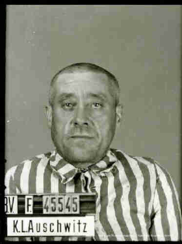 Photograph of a man in a camp striped uniform. Auschwitz prisoner. His head is shaved. On the left a marking with the prisoner's number is visible: 45545. 