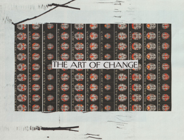 a desolate landscape, a series of brain scans, and the words "the art of change"