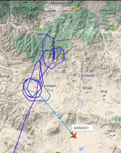 the map of the flight of the Turkish drone over East Azerbaijan province of Iran