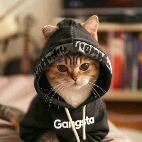 A charming domestic cat dressed in a hip-hop-inspired black hoodie, with the word "Gangsta" printed in white letters across the front. The hoodie has a large, drawstring-adjustable hood that frames the cat's face, and the rim of the hood has a design that resembles a bandana pattern. The cat's fur is predominantly light with dark stripes, suggesting a tabby pattern, and it has striking white whiskers and bright, attentive eyes. The cat's expression is serene, and it seems to be gazing directly at the viewer. In the background, there's a cozy domestic setting with a guitar leaning against a wall and a bookshelf filled with colorful books, giving the scene a lived-in, personal touch. The lighting is warm and soft, adding to the comfortable ambiance.