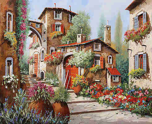 Paiting of a scenery in a typical Italian village. In the middle is a low light grey stairs. Left and right are houses coloured in various shades of brown. All the houses have a lot of colourful flowers haging out and standing in front of them. The sky is light blue. 