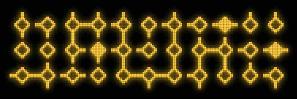 Digital representation of yellow glyphs on a black background with a pixelated effect.