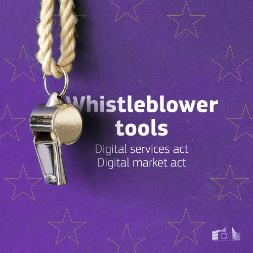 An illustration depicting a whistle hanging from the top centre of the image connected to a thin rope, overlaid with a crown of stars representing the European flag emblem. In the middle of the circle of stars near the whistle, text reads 'Whistleblower Tools - Digital Services Act and Digital Markets Act.