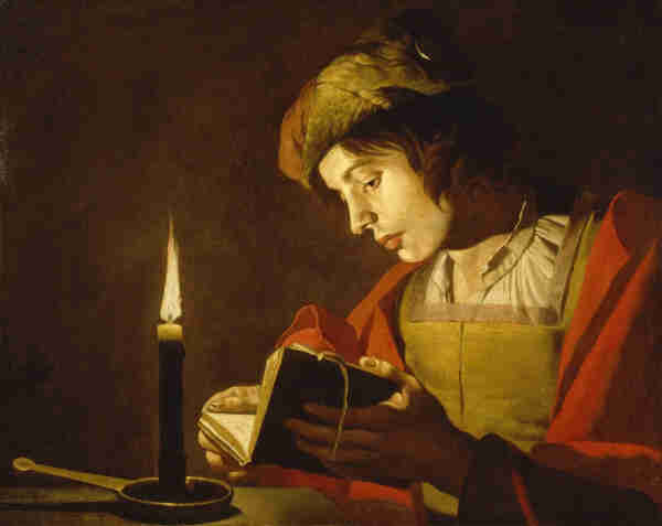"Matthias Stom: A Young Man Reading at Candlelight. 

Matthias Stom was one of the many Dutch artists who travelled to Rome in the early 17th century. There they were strongly influenced by Caravaggio’s use of light and shadow. They often painted night scenes with figures rendered realistically in artificial light. Stom depicts a young man reading by candlelight. His concentration offers an image of contemporary concepts of diligence and virtue. The painting provided an aesthetic as well as a contemplation experience."

