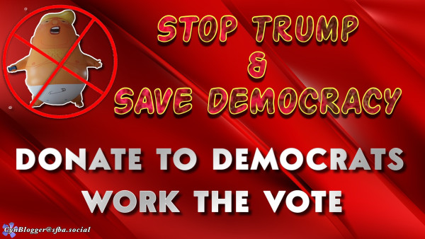 Meme: Red gradient background with familiar graphic of Baby Trump balloon on top left, X-ed out. Text in red & yellow reads, “STOP TRUMP & SAVE DEMOCRACY”  In bottom third are two lines of silver text reading, “DONATE TO DEMOCRATS” & “WORK THE VOTE”
