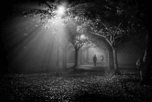 A black and white photo taken at night in The Meadows when the haar (sea mist) had engulfed the city. The view is into Middle Meadow Walk, which is tree lined and illuminated by lights along the path. A figure is walking away from the viewer, with a second figure nearby, then further distant figures. Edinburgh, Scotland. 

Photo by and copyright of Paul Henni.