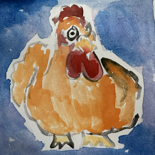 97: an orange hen on an indigo background 