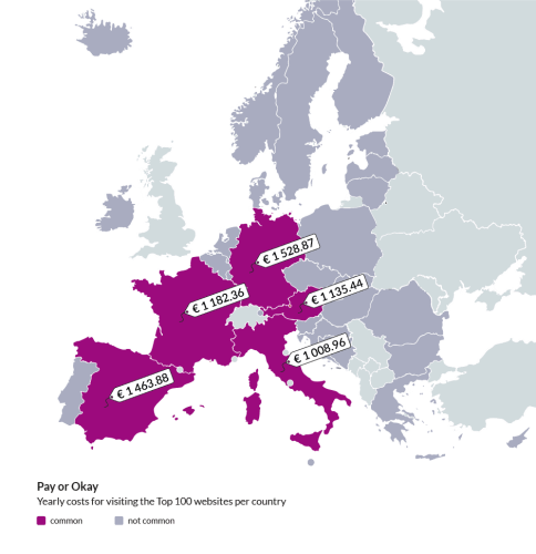 A map of Europe indicating high costs for the protection of personal privacy in several countries.