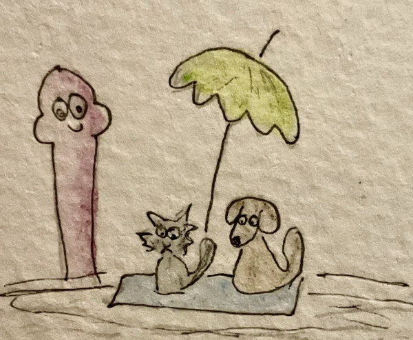 A simple drawing of a cat and a dog sitting together on a mat under an umbrella. A tall, smiley, purple creature stands next to them.