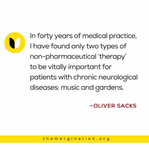 Quote by Oliver Sacks. ‘In forty years of medical practice, I have found only two types of non-pharmaceutical 'therapy' to be vitally important for patients with chronic neurological diseases: music and gardens.’
