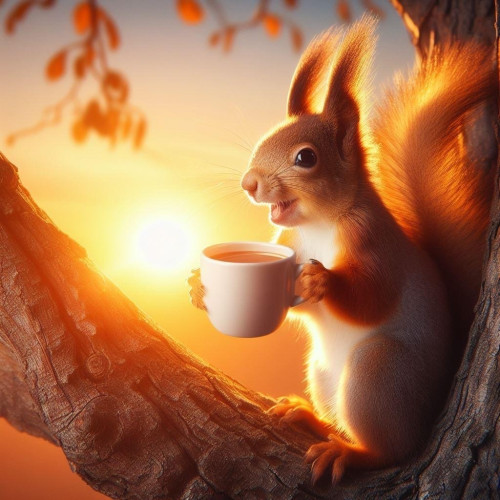 Picture a red squirrel standing on a tree branch holding a morning coffee, backlit by the rising sun.

Ai generated with help from @PixysJourney@beige.party