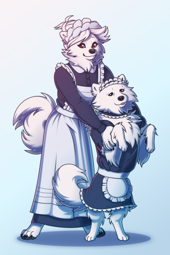 A vector illustration of an anthro Samoyed dog in a traditional maid outfit, holding up by the paws a regular Samoyed dog in a cute and frilly maid outfit