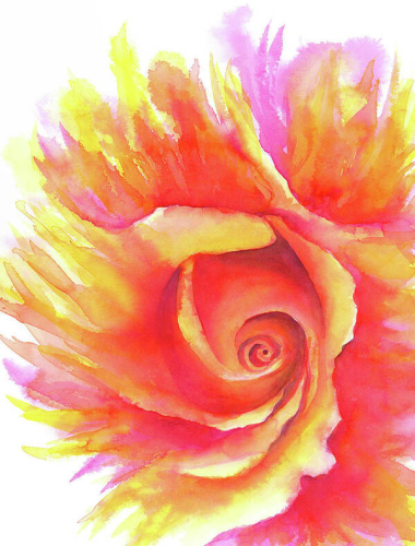Flaming rose is an abstracted watercolor and ink painting in vertical format by artist Karen Kaspar. The center of a beautiful rose blossom in vibrant shades of red, pink, orange and yellow melts into burning flames.