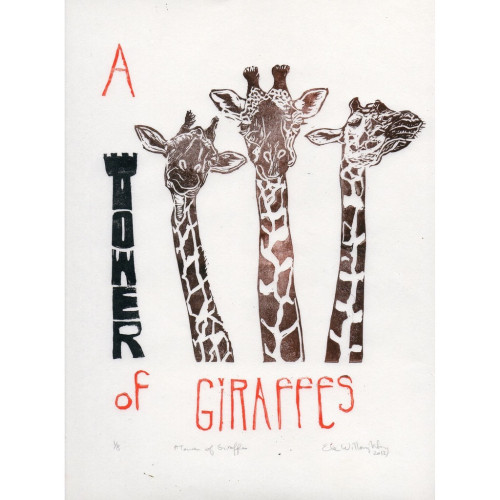 3 giraffes from neck up in brown with the text ‘A tower of giraffes’ in orange, except for ‘tower’ which is in black and vertical and stylized to look like a castle tower.