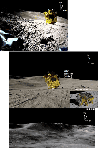 1. Color image of upside down SLIM taken by LEV-2
2. Graphic from JAXA showing lander orientation with my annotations about direction
3. Image from LROC lunar map from high angle whose background matches the above images