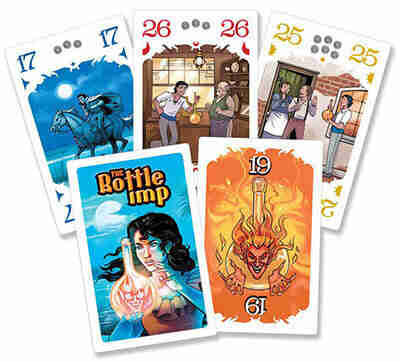 A spread of five colourfully illustrated cards. Each bears an illustration relating to Stevenson's short story "The Bottle Imp", as well as a number.