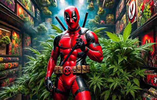 A costumed character with a red and black suit, standing among large green plants, with themed merchandise in the background.