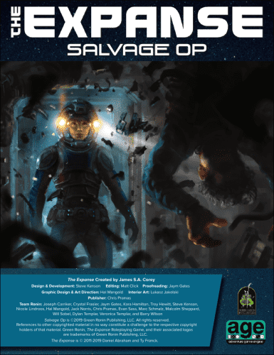 Cover of the adventure "Salvage Op" showing a female astronaut in a space suit looking at a dead body floating in a wrecked spaceship.
