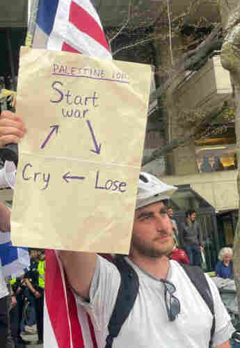 pro Israeli man holding a paper showing a triangle with text "start war", "lose", "Cry".