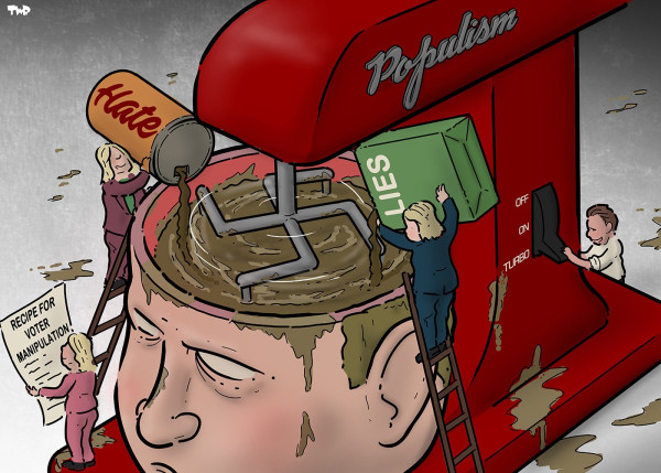 Cartoon showing a giant old-fashioned mixing machine, with the brand name ‘Populism’. The actual mixer is in the shape of a swastika, and it is turning a brown substance in a bowl shaped as a giant head. Geert Wilders, Meloni, Le Pen and Bardella are standing around the bowl, adding ingredients from jars and boxes labeled ‘Hate’ and ‘Lies’, while one of them is looking at a recipe for voter manipulation.