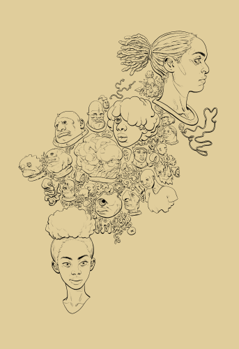 several faces. most weird, a few human. blobs and strings and stuff.