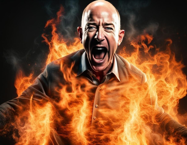 AI image of Jeff Bezos on fire. He is screaming. 