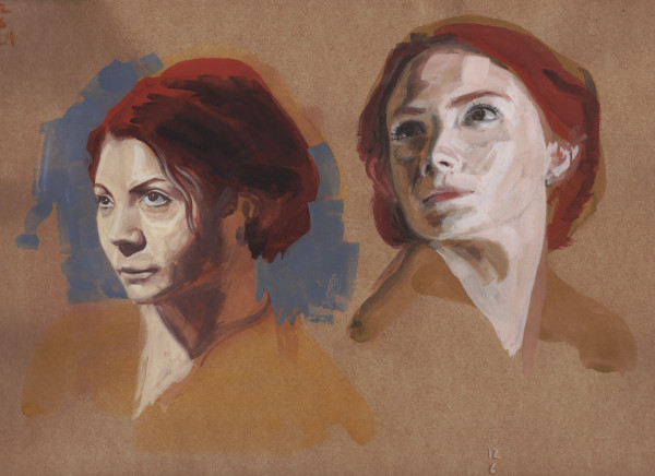 two studies of a white woman's head on toned brown paper. She as intense red hair and is shown in 3/4 views looking to the left