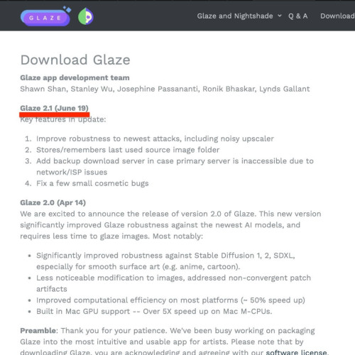 Screenshot of the Glaze download webpage.