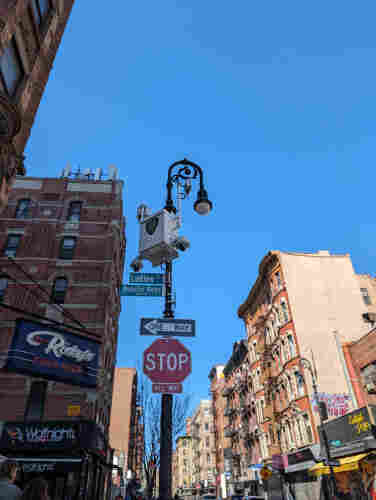 An NYC lamppost with two street signs. One reads BEASTIE BOYS PL