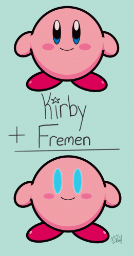 Top: Digital drawing of Kirby, ready & excited to play! 
Middle:  Text reads "Kirby + Fremen ="
Bottom: Digital drawing of Kirby, having eaten & assimilated a Fremen & an undisclosed amount of Spice.