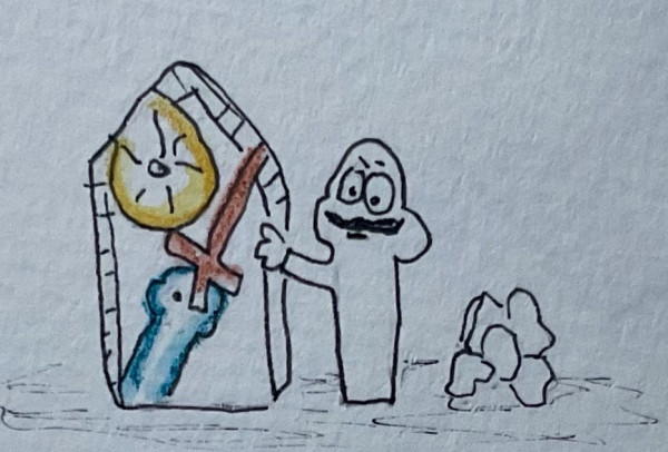 A person with a large mustache and a distinctive look stands next to an arch, supposedly a church window, that contains a melting clock, an upturned crucifix and a person that is either buried under or stabbed by the crucifix.


AutoALT: A cartoon ghost presenting an open coffin containing a clock, a red cross, and a blue key. There are some rocks on the ground nearby.
