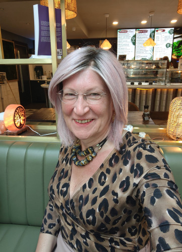 A pink haired woman sitting in a cafe wearing a brown and black animal print wrap top with a pink skirt.
Also wearing a chunky brown and black necklace.