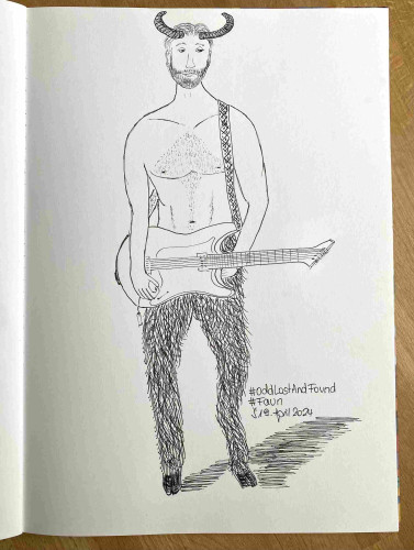 Drawing of a mythological faun character with an electric guitar, he seems to be frustrated and sad, hashtags #oddLostAndFound and #Faun, and dated 13th April 2021.