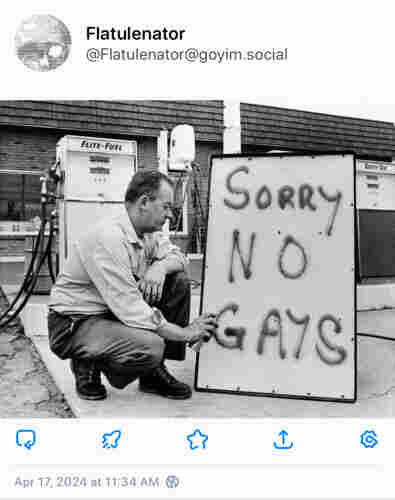 A screenshot says “Sorry no gays”