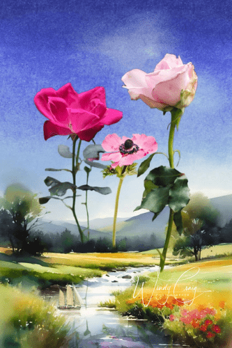 A mixed media artwork depicts a countryside with a meandering stream, wildflowers, distant mountains, two towering roses, and a cosmos flower as tall as ancient trees. A sailboat sails the stream.